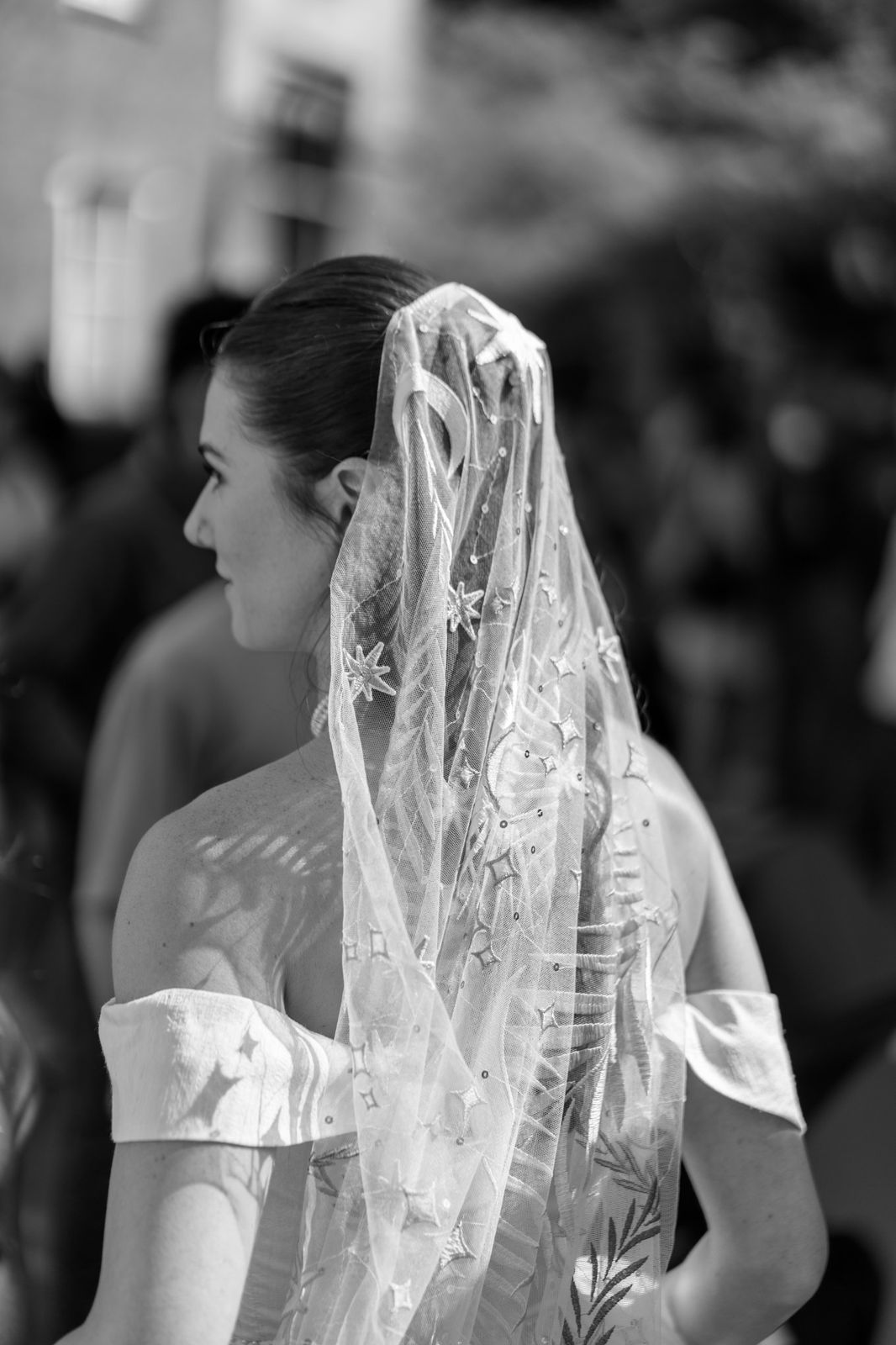 Bride’s embroidered star veil, black and white